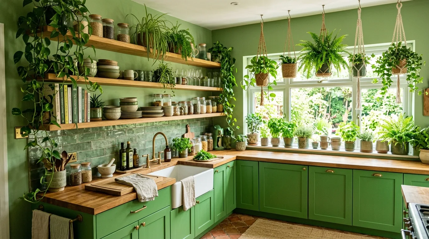 Let brass or black hardware sharpen the green finish inspiration for a green kitchen.